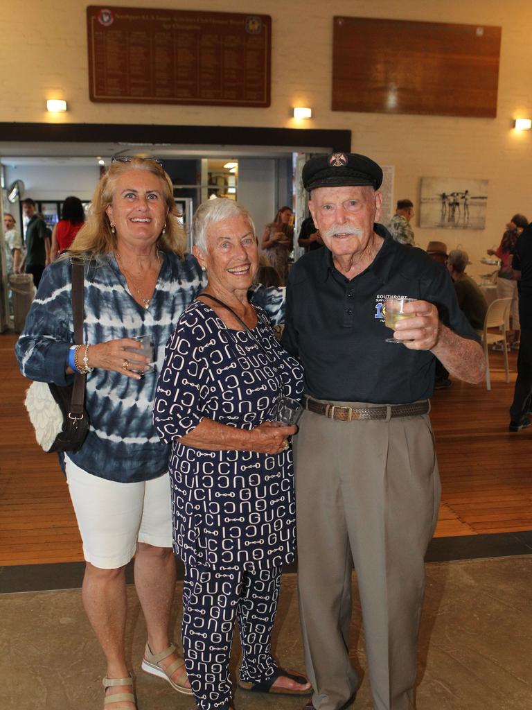 Southport SLSC 100th birthday celebrations. 1st girl member Sandra Crisp-Slellern, Bernice Crisp and Oldest member of club Robert Akes. 19 October 2024 Main Beach Picture by Richard Gosling