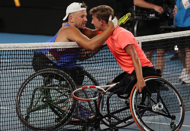 Dylan Alcott and Niels Vink after their three-hour battle. Picture: Michael Klein