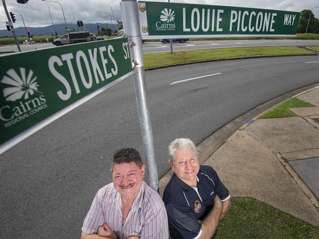 John and Peter Piccone at the Edmonton road sign in tribute to their late father Lou. Picture: Brian Cassey