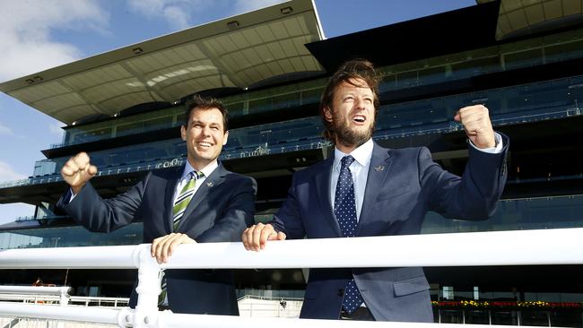 Former Mosman schoolboys Mike Wood and Stuart Rich, founders of The Race Guide website and Key Factors on Sky Racing, at Royal Randwick ahead of The Championships. Picture: John Appleyard