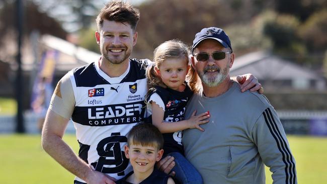 South Adelaide's Bryce Gibbs with his dad Ross Gibbs and children Charlie and Madison before his final SANFL game against Glenelg on August 26, 2023. Picture: Cory Sutton.