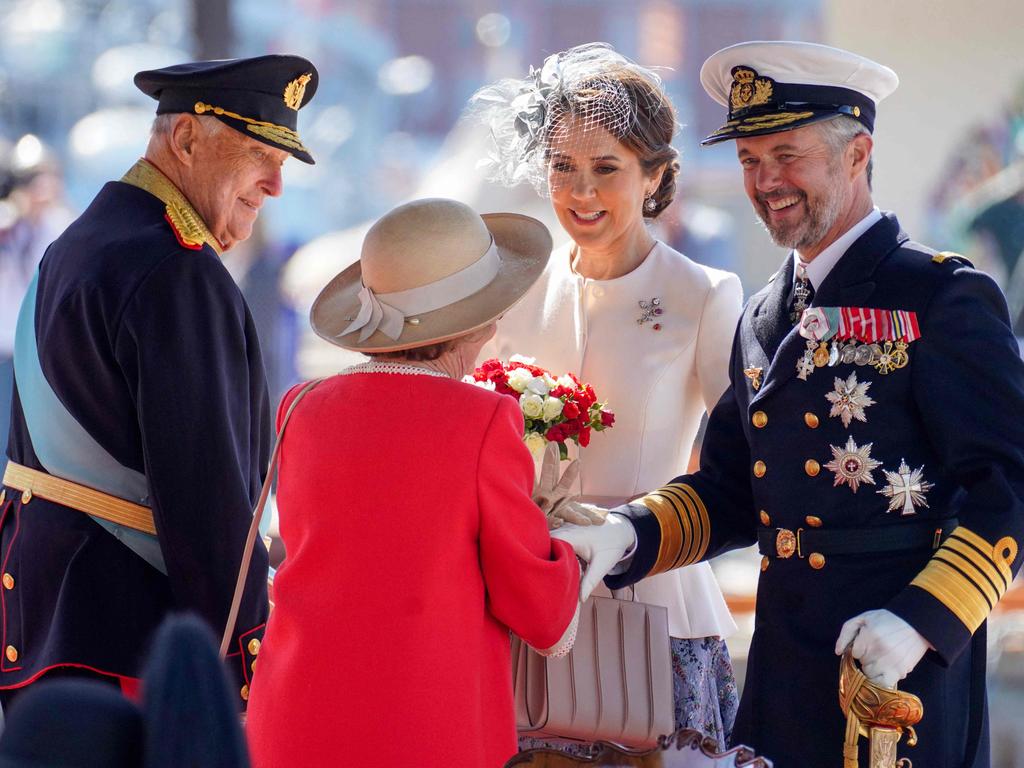 Denmark’s King Frederik and Queen Mary are welcomed by Queen Sonja and King Harald V of Norway. Picture: AFP