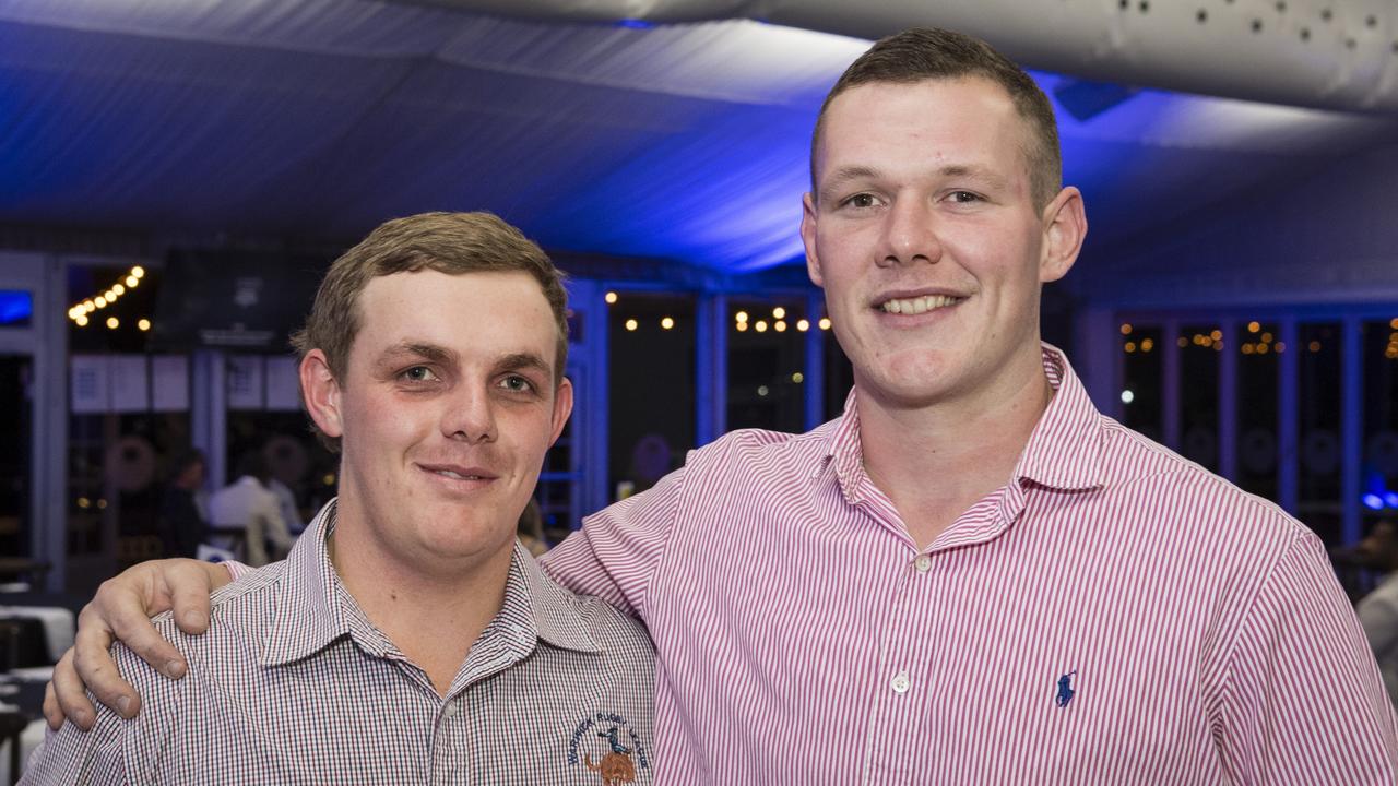 Warwick Cowboys Will Howard (left) and Sam Williamson at the TRL awards night at Clifford Park Racecourse, Friday, September 8, 2023. Picture: Kevin Farmer