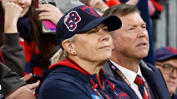 MELBOURNE, AUSTRALIA - MAY 26: Demons President Kate Roffey and CEO Gary Pert are seen during the 2024 AFL Round 11 match between Narrm (Melbourne) and Euro-Yroke (St Kilda) at The Melbourne Cricket Ground on May 26, 2024 in Melbourne, Australia. (Photo by Michael Willson/AFL Photos via Getty Images)