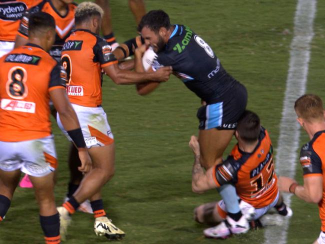 The tackle that injured Sharks prop Toby Rudolf.