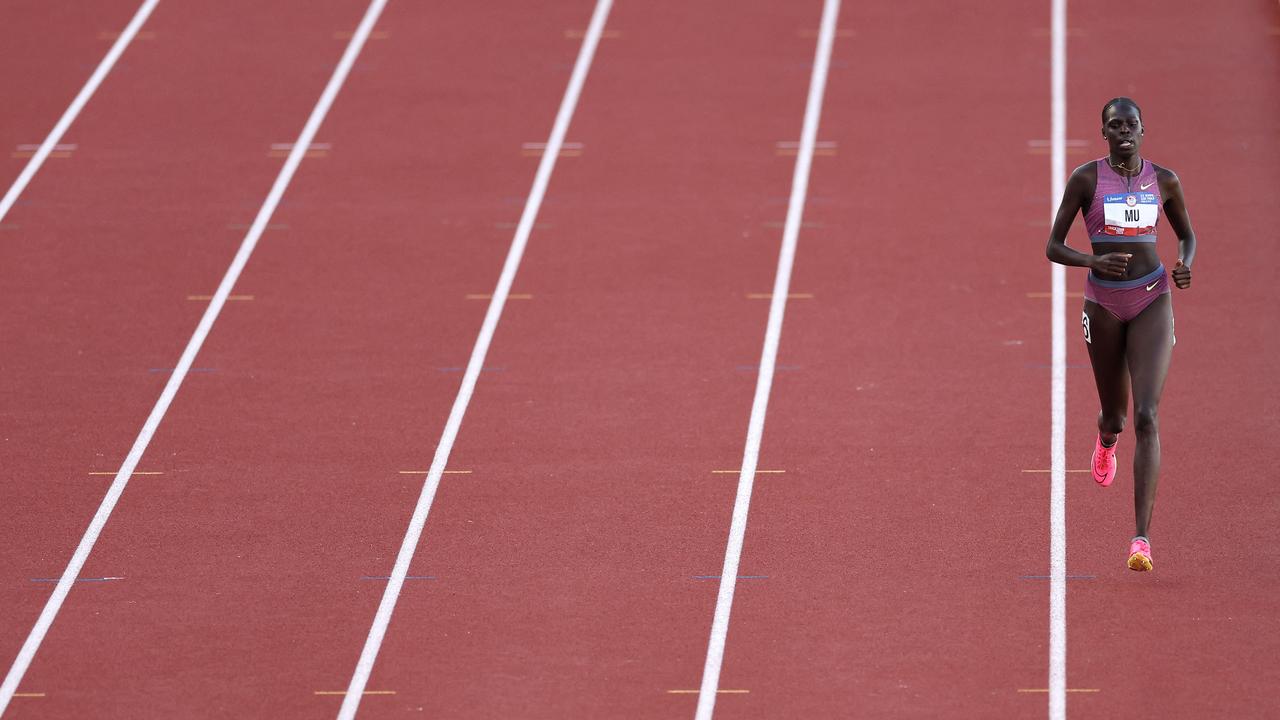 Athing Mu bravely kept running to finish the race. Picture: Christian Petersen/Getty