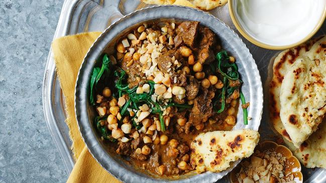 Kangaroo curry with macadamia flatbread.