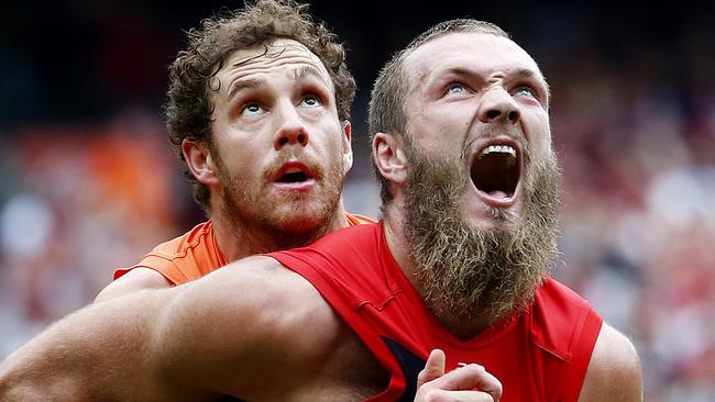 Giant Shane Mumford and Melbourne’s Max Gawn in a ruck contest. Picture: Colleen Petch