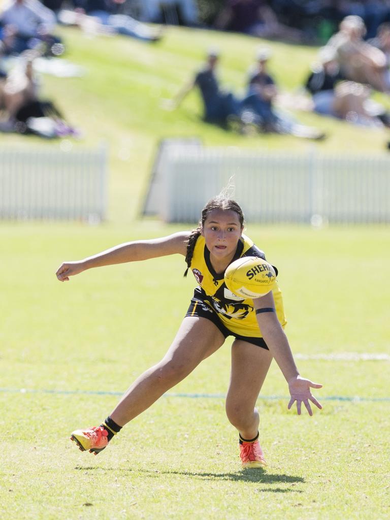 Summer Bucknell of Toowoomba Tigers against University Cougars in AFL Darling Downs Toowoomba Toyota Cup senior women grand final at Rockville Park, Saturday, September 2, 2023. Picture: Kevin Farmer