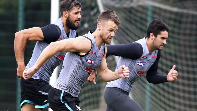 Port Adelaide trio Paddy Ryder, Robbie Gray and Chad Wingard. Picture: Sarah Reed