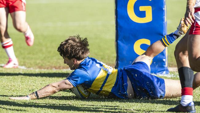 Adam Davis gets a try for Toowoomba Grammar School 1st XV against Ipswich Grammar. Picture: Kevin Farmer