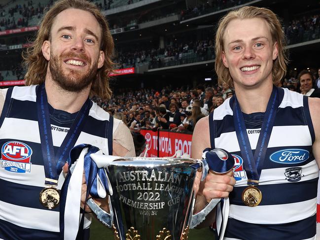 MELBOURNE . 24/09/2022. AFL Grand Final.  Geelong Cats vs Sydney Swans at the MCG.  Brothers Cameron Guthrie  and Zach Guthrie     . Picture by Michael Klein