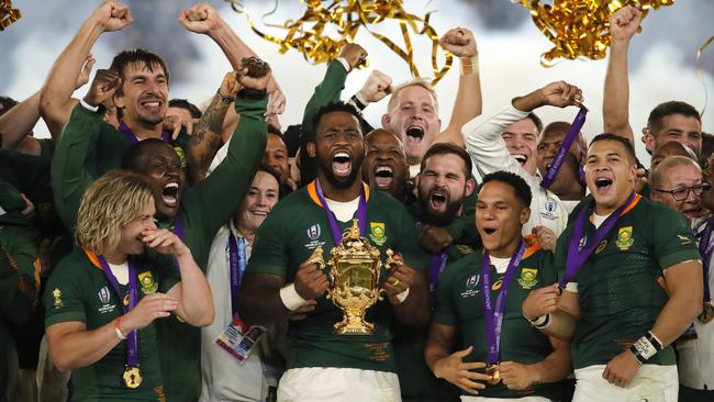 South African captain Siya Kolisi holds the Webb Ellis Cup after South Africa defeated England to win the Rugby World Cup. Picture: AP