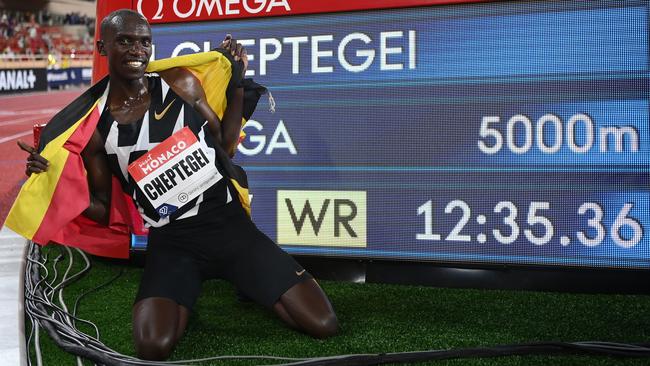 Joshua Cheptegei wore Nike spike to smash world records over 5000m and 10,000m in Monaco in August last year. Picture: Getty Images