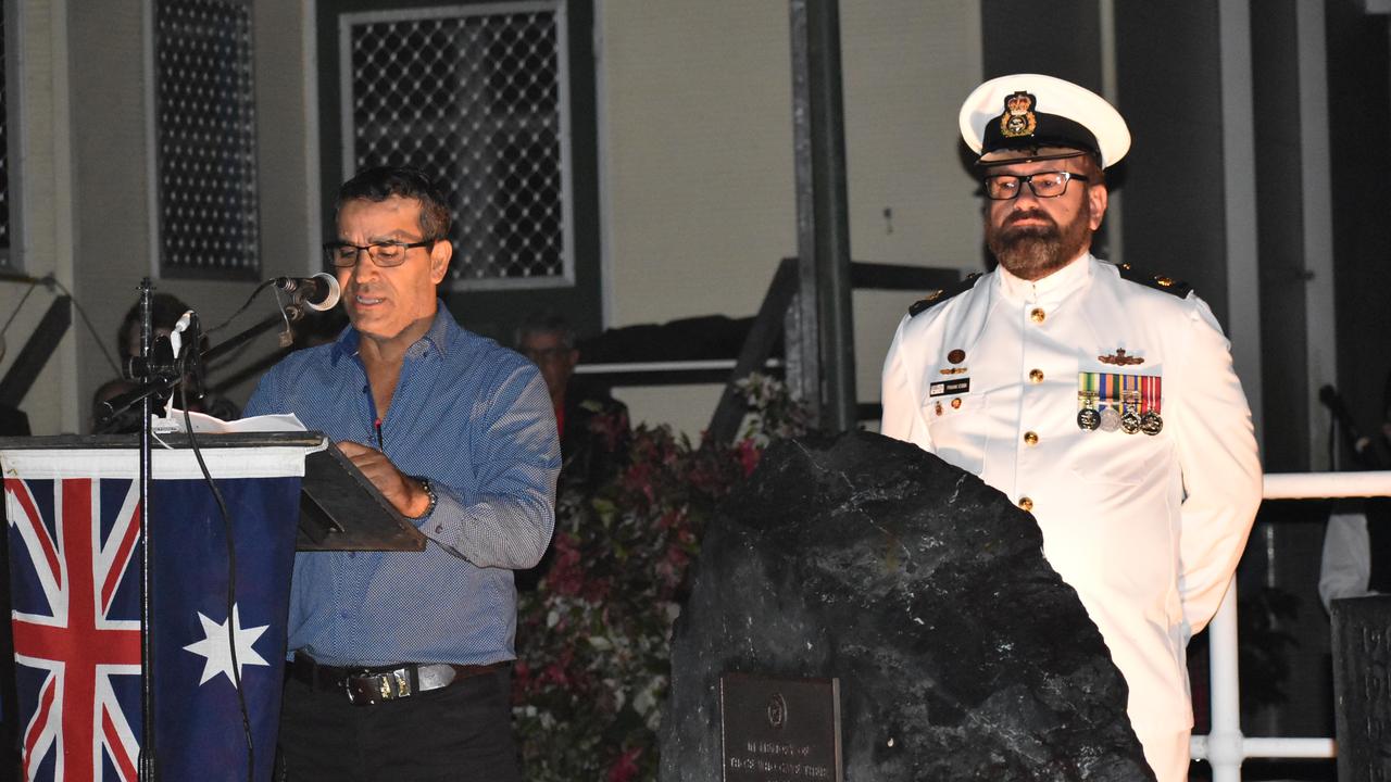 MC Chris Purna and a navy officer at the Kuttabul dawn service at the Hampden State School Remembrance Garden 2021. Picture: Lillian Watkins