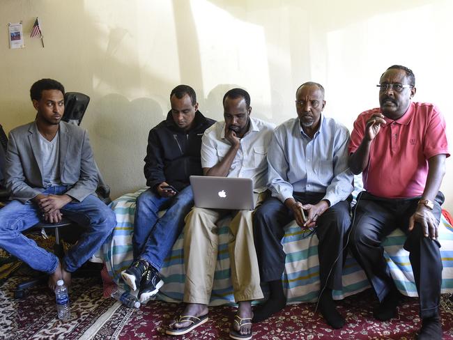 Somali-American leaders at a press conference in St. Cloud address the stabbing and shooting incident that happened Saturday at Crossroads Center Mall. Picture: Dave Schwarz/St. Cloud Times via AP