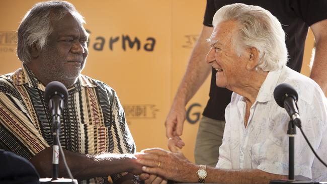 Yunupingu with Bob Hawke at Garma in 2014. Picture: Peter Eve