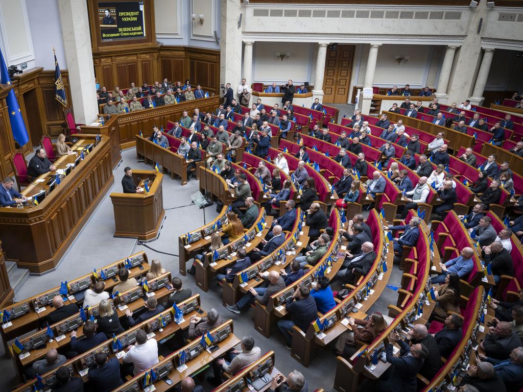 Ukranian politicians look on during Mr Zelenskyy’s address. Picture: Handout / UKRAINIAN PRESIDENTIAL PRESS SERVICE / AFP