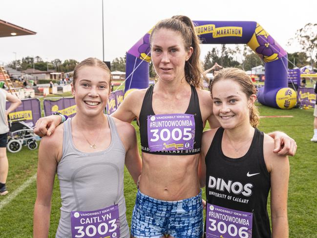 Female placegetters of the 10km event (from left) Caitlyn Garratt (3rd), Tamara Carvolth (1st) and Georgia Sloss (2nd) at the Toowoomba Marathon event, Sunday, May 5, 2024. Picture: Kevin Farmer