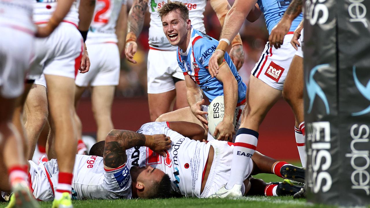 Sam Walker celebrates a try. He was crucial for the Roosters (Photo by Cameron Spencer/Getty Images)