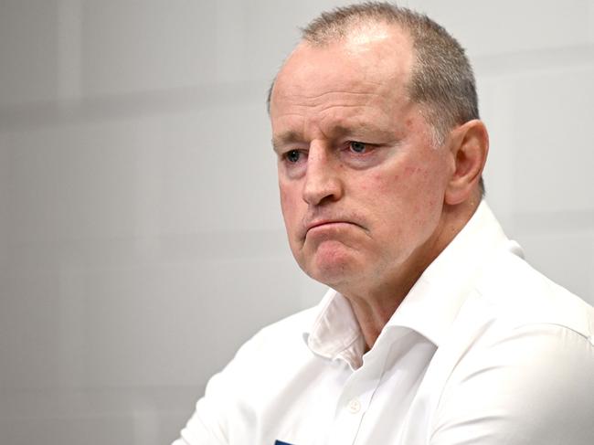 Michael Maguire talks to the media after Brisbane’s defeat. Picture: NRL photos