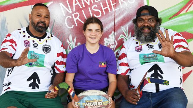 Gavin Hazel, Moondara Mason and Robert Peters are excited about Sunshine Coast Bunyas hosting Indigenous rugby league trial games in Nambour on Saturday. Picture: Patrick Woods.