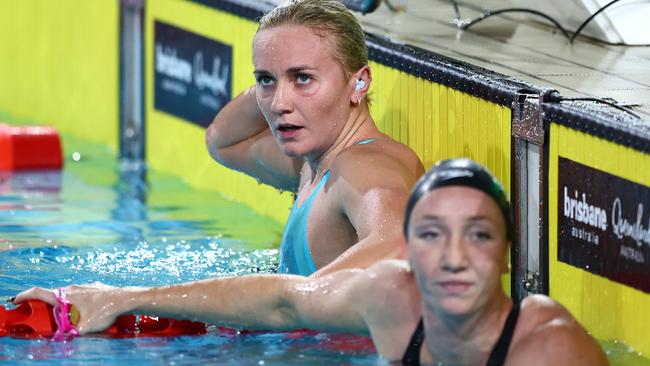 Ariarne Titmus and Lani Pallister after the 800m freestyle. (Photo by Chris Hyde/Getty Images)