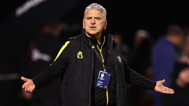 MELBOURNE, AUSTRALIA - JULY 27: Heidelberg United Head Coach George Katsakis reacts during the Australia Cup Rd of 32 match between Heidelberg United FC and Brisbane Roar FC at Olympic Village on July 27, 2022 in Melbourne, Australia. (Photo by Graham Denholm/Getty Images)