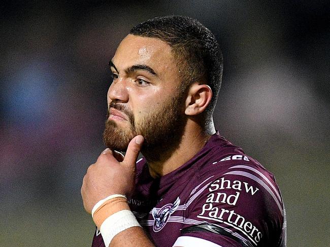 Dylan Walker of the Sea Eagles reacts as he is sent to the sin bin during the Round 23 NRL match between the Manly-Warringah Sea Eagles and the Gold Coast Titans at Lottoland in Sydney, Friday, August 17, 2018. (AAP Image/Dan Himbrechts) NO ARCHIVING, EDITORIAL USE ONLY