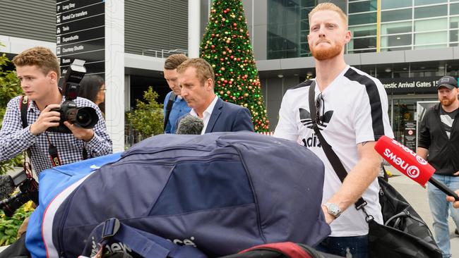 Ben Stokes is surrounded by media after arriving in Christchurch. Picture: Getty Images