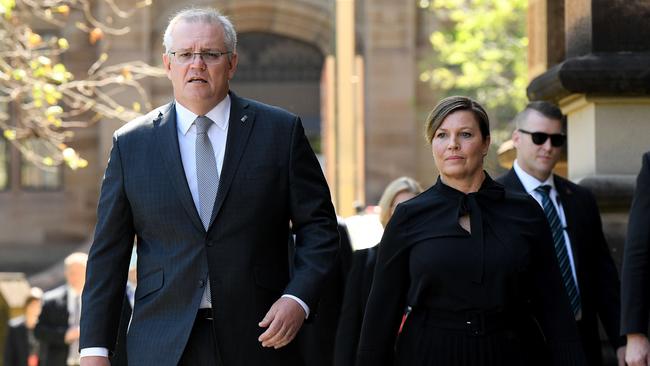 Prime Minister Scott Morrison and wife Jenny Morrison are seen arriving at the State funeral for former NSW Premier, The Honourable John Fahey AC, at St Mary's Cathedral in Sydney. Picture: NCA NewsWire/POOL/Bianca De Marchi