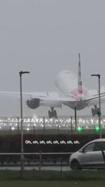 Wild moment an airplane is thrown around by a powerful storm