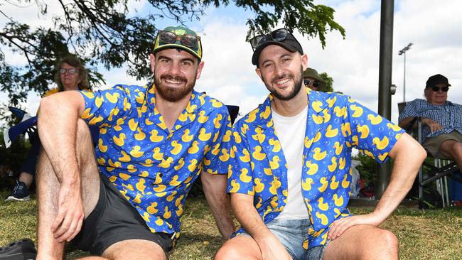 Henry Bretz (left) and Sam “Archie” Arenson (right) at the Australia v Zimbabwe game at Riverway Stadium. Picture: Shae Beplate.