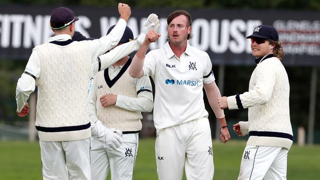 CRICKET - Friday, 30th October, 2020 - Marsh Sheffield Shield Cricket at Glenelg Oval between South Australia and Victoria. Zak Evans claims the wicket of Liam Scott for 16 runs Picture: Sarah Reed