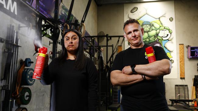 Tanya Kaur and Michael Paps, the co-owners of the U8F Gym in Chipping Norton, are affected by the mosquito plague that has descended on southwest Sydney. Picture: Jonathan Ng