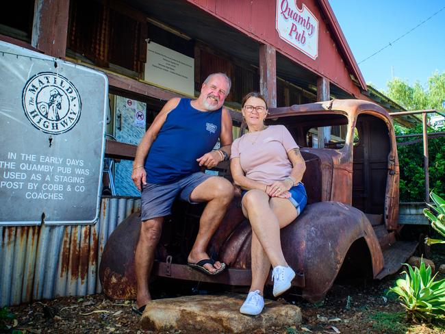 PICTURES HOLDING FOR COURIER MAIL USE ONLY -  The iconic Quamby pub, about 60klms from Cloncurry is looking for a new owner. Nigel and Karen Sheiles have spent a couple of years rebuilding the pub and are now ready to move on. Pictured here with their pub dog 'Izzy'.