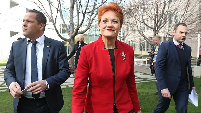 One Nation’s Pauline Hanson and Peter Georgiou yesterday. Picture: Kym Smith