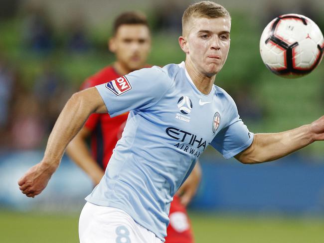 Riley McGree of Melbourne City is seen during the Round 18 A-League match between Melbourne City and Adelaide United at AAMI Park in Melbourne, Saturday, February 9, 2019. (AAP Image/Daniel Pockett) NO ARCHIVING, EDITORIAL USE ONLY