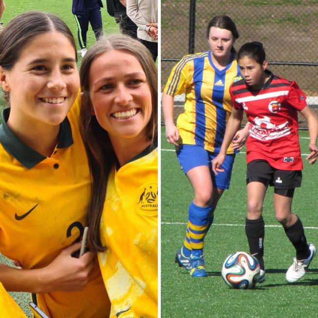 (Left) Kyra Cooney-Cross with her former coach Tessa Curtain and (right) Kyra Cooney-Cross playing junior football at Ballarat City FC. Pictures: Supplied