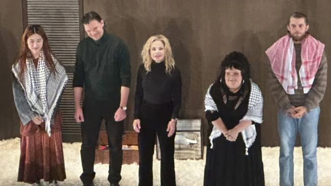 Harry Greenwood, right, along with co-stars Megan Wilding, second from right, and Mabel Li, left, wore keffiyeh scarfs during the encore at the opening night of the STC production of The Seagull at Sydney’s Roslyn Packer Theatre. Picture: Instagram