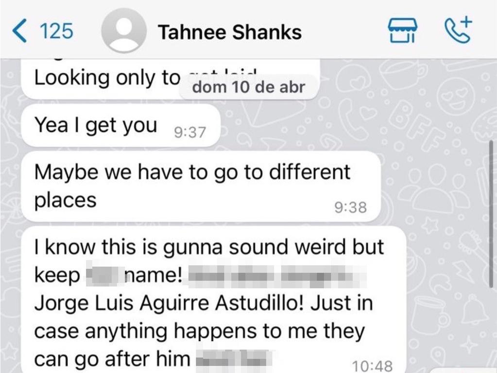 Ms Shanks sent this strange text to her friend a few weeks before she went missing in Mexico. Picture: Supplied