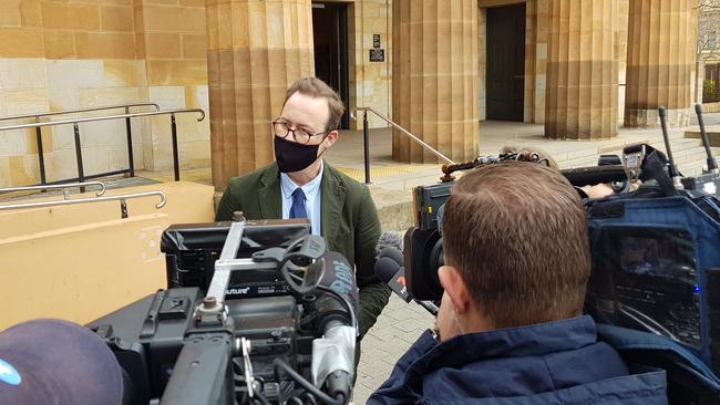 Golden Boy licensee James Hillier outside the Adelaide Magistrates Court, where he is challenging a $5000 fine for alleged breaches of COVID-19 restrictions. Picture: Sean Fewster.