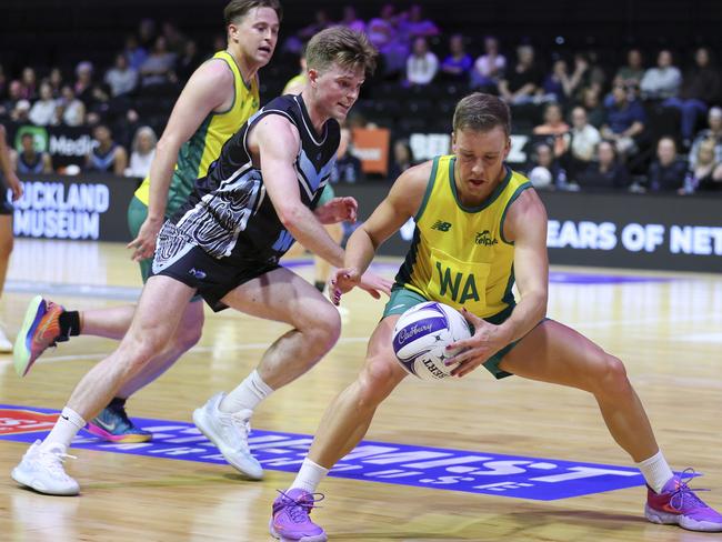 Australia’s Riley Richardson during a men’s international against New Zealand Net Blacks last year in Wellington Picture: Getty Images