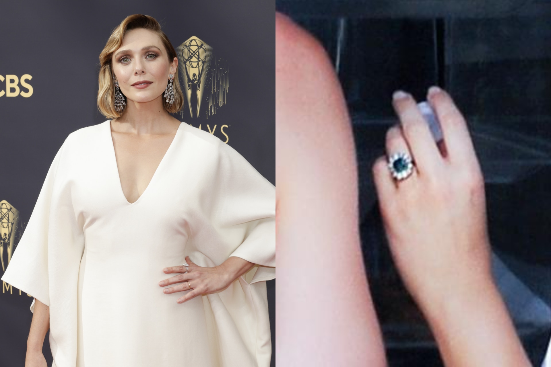 <h3><b>Elizabeth Olsen</b></h3><p>A four-carat emerald and a halo of diamond baguettes sits on Elizabeth Olsen&rsquo;s gold engagement band.&nbsp;&nbsp;</p>