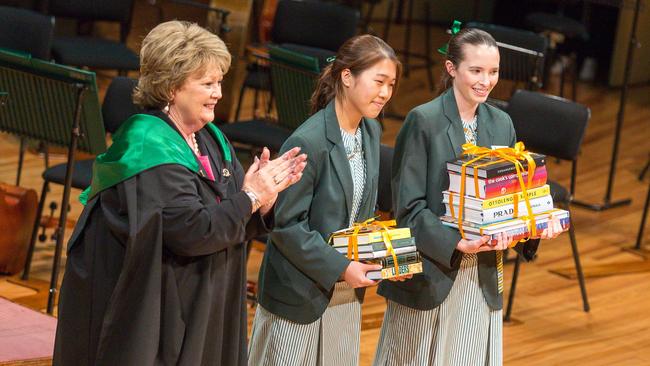 Clayfield College’s Duxes of 2019, Fiona Ko (left) and Isabelle Jardine Picture: Clayfield College