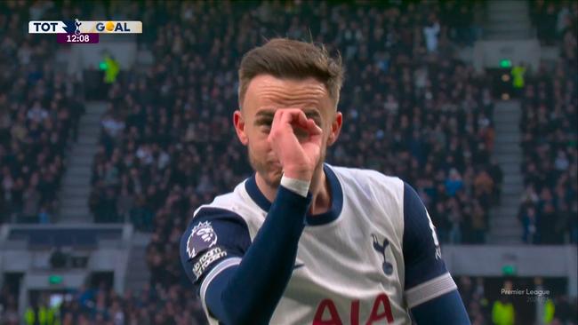 James Maddison's gesture after scoring the early goal. Photo: X, Premier League.