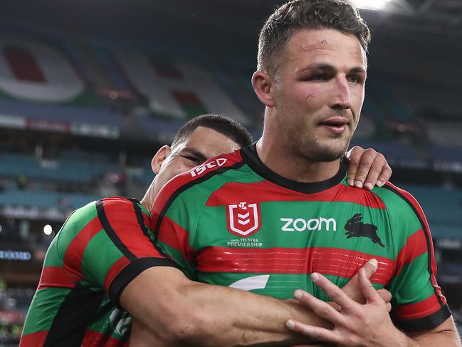 SYDNEY, AUSTRALIA - SEPTEMBER 20: Sam Burgess and Cody Walker of the Rabbitohs celebrate victory during the NRL Semi Final match between the South Sydney Rabbitohs and the Manly Sea Eagles at ANZ Stadium on September 20, 2019 in Sydney, Australia. (Photo by Mark Metcalfe/Getty Images)