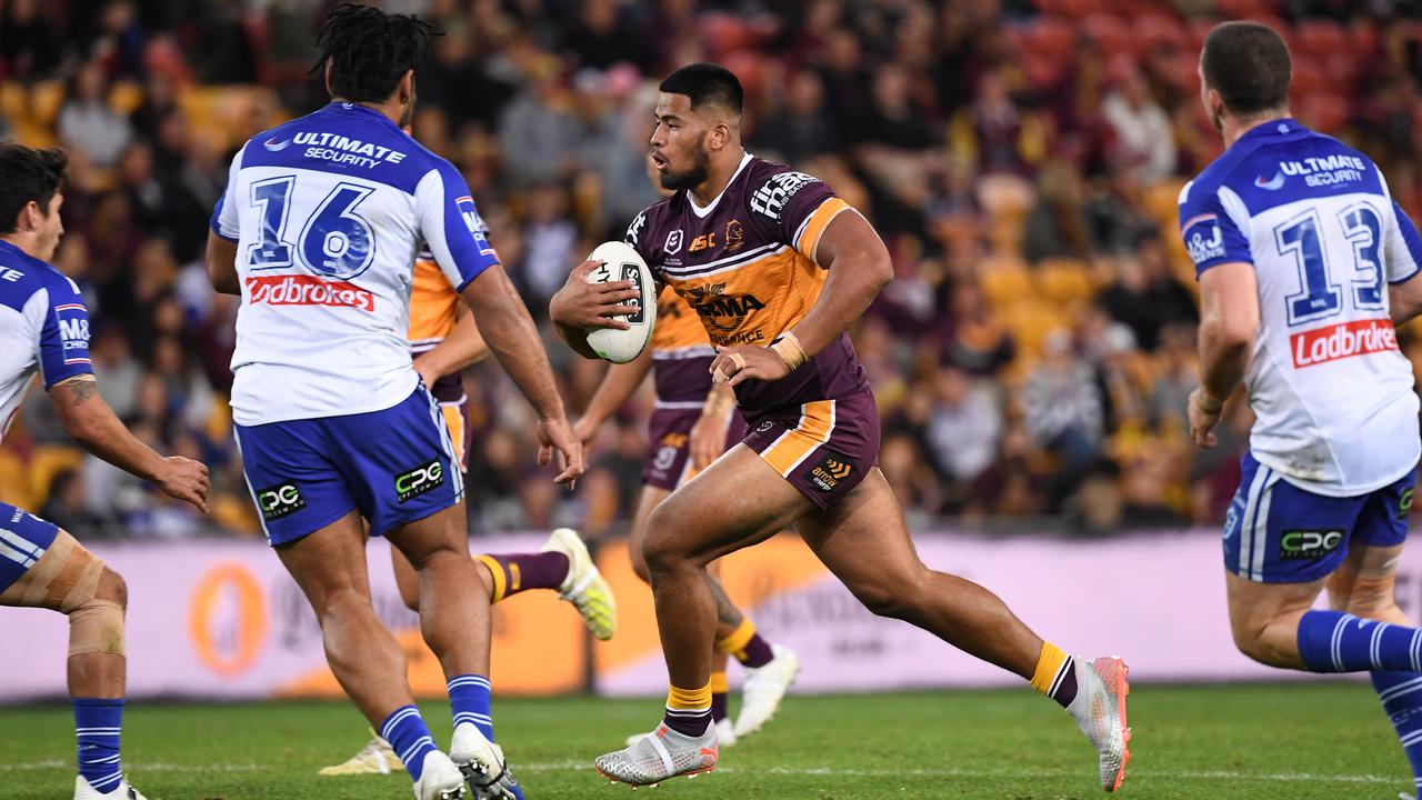 Payne Haas of the Broncos takes on the Bulldogs defence