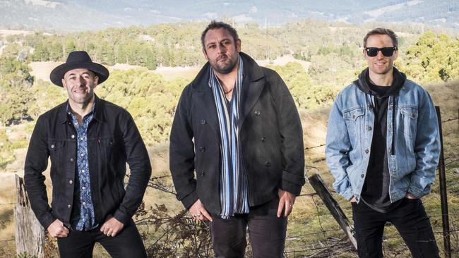 The Wolfe Brothers (from left) Nick Wolfe, Tom Wolfe and Brodie Rainbird, at the family farm in Neika, near Hobart. Picture: Chris Crerar