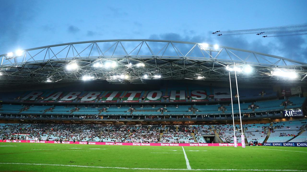 SYDNEY, AUSTRALIA - APRIL 09: Airplanes from the Royal Easter Show fly overhead during the round five NRL match between the South Sydney Rabbitohs and the St George Illawarra Dragons at Accor Stadium, on April 09, 2022, in Sydney, Australia. (Photo by Mark Metcalfe/Getty Images)